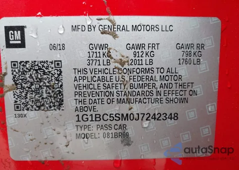 2018 Chevrolet Cruze Ls Auto из США, поврежденный, VIN 1G1BC5SM0J7242348